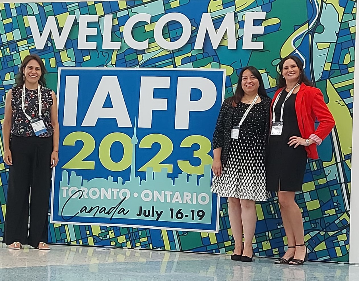 From left to right: Dr. Angelica Reyes-Jara (UCh, Chile), Dr. Magaly Toro (JIFSAN/UMD, US), and Dr. Aiko Adell (UNAB, Chile), IAFP2023, Toronto, Canada.